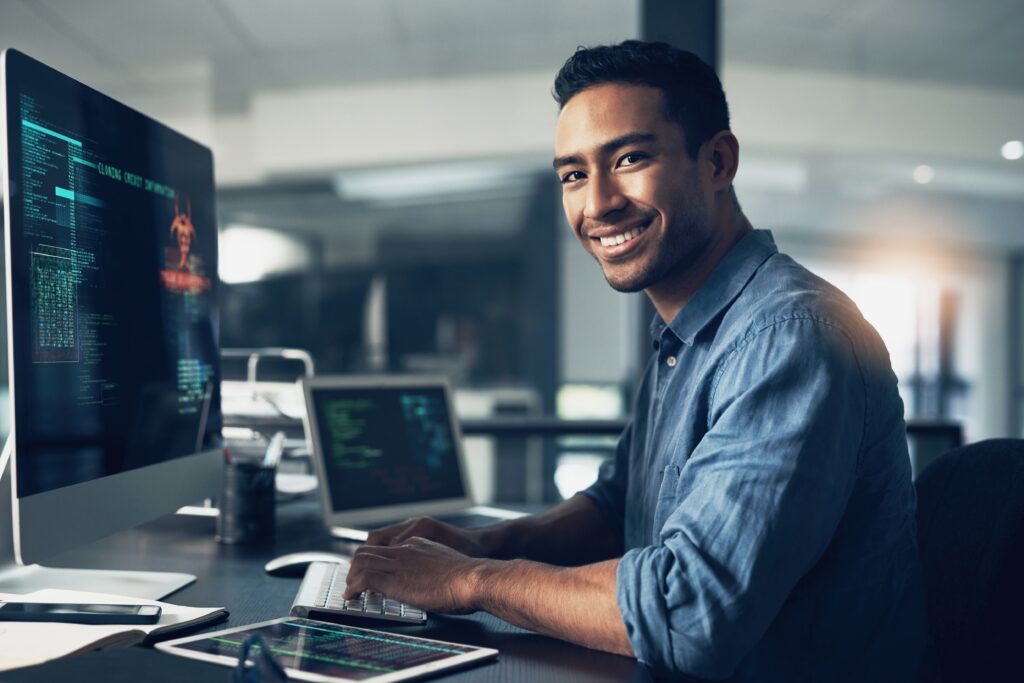 Top roles for remote staffing - Software developer at work.